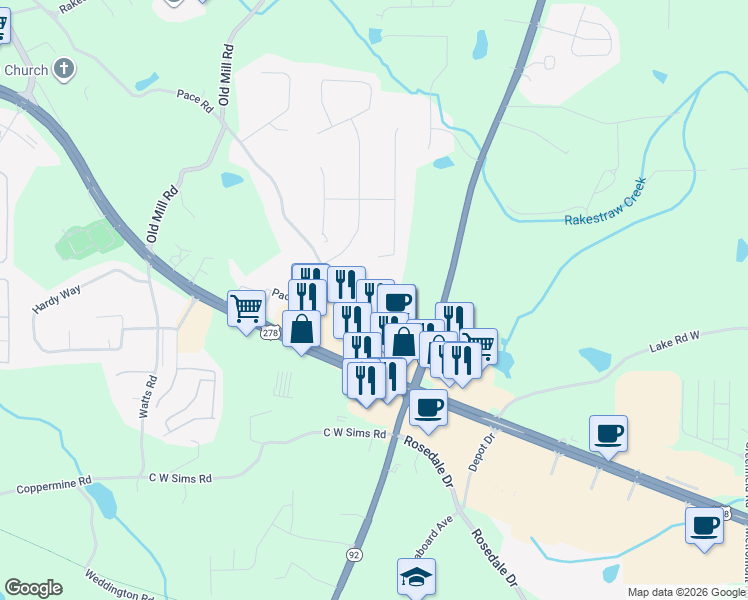 map of restaurants, bars, coffee shops, grocery stores, and more near 120 Hiram Terrace in Hiram
