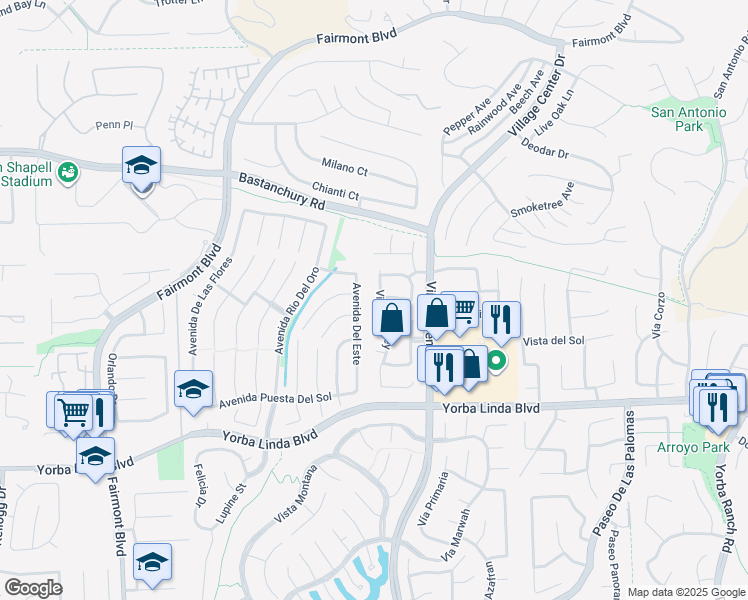 map of restaurants, bars, coffee shops, grocery stores, and more near 4605 Vía Del Buey in Yorba Linda