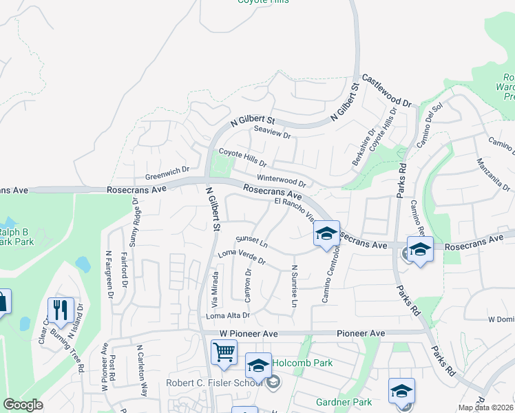 map of restaurants, bars, coffee shops, grocery stores, and more near 2001 Calle Alegria in Fullerton