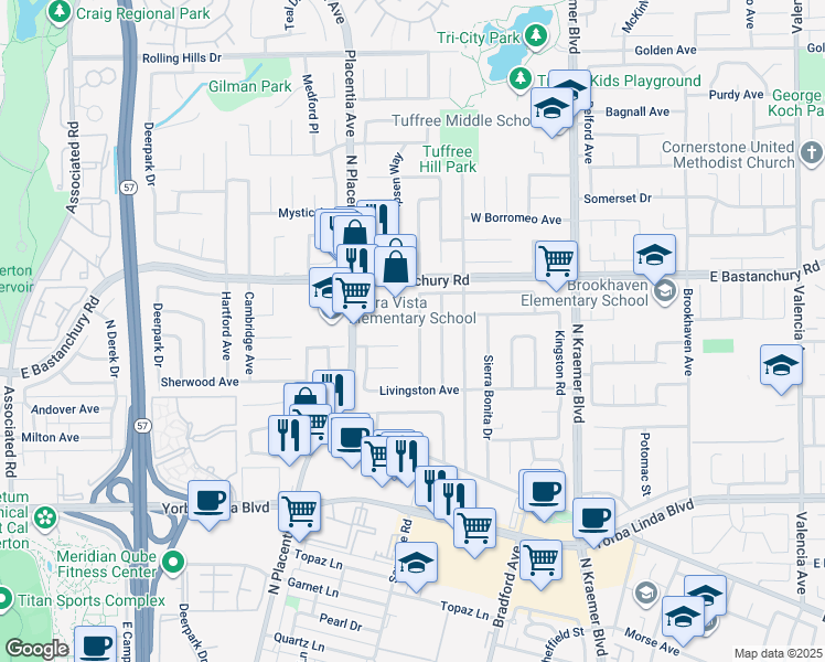 map of restaurants, bars, coffee shops, grocery stores, and more near 1801 Stanley Avenue in Placentia