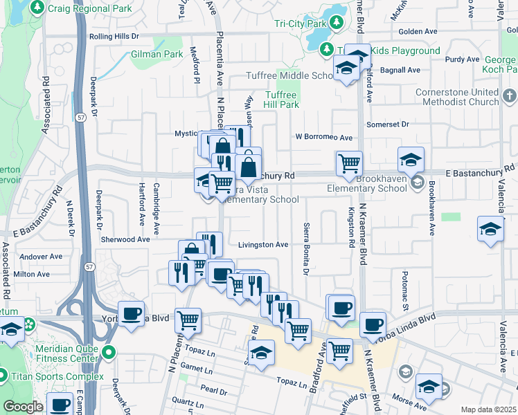 map of restaurants, bars, coffee shops, grocery stores, and more near 1801 Stanley Avenue in Placentia