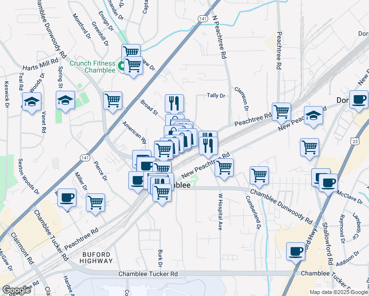 map of restaurants, bars, coffee shops, grocery stores, and more near 5502 Peachtree Road in Chamblee