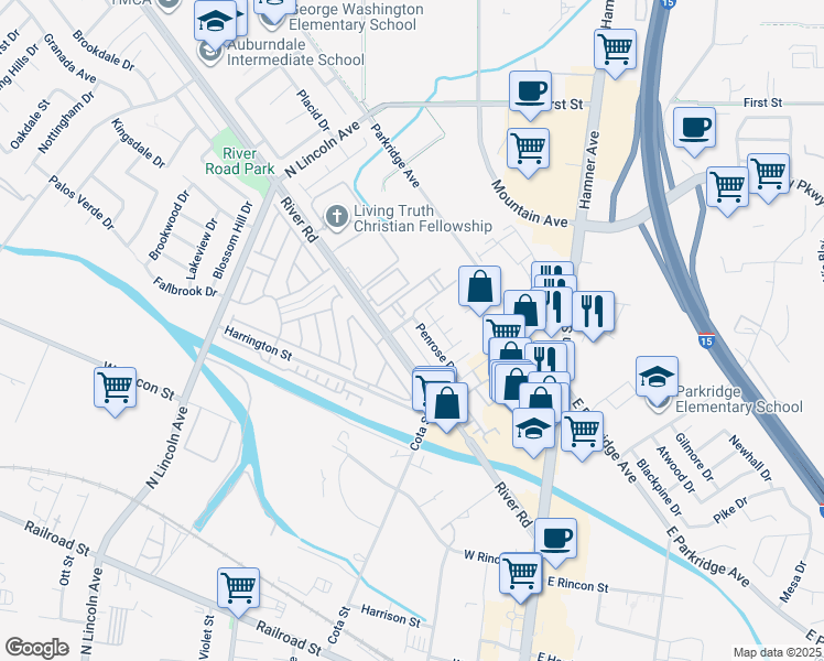 map of restaurants, bars, coffee shops, grocery stores, and more near 570 Penrose Drive in Corona