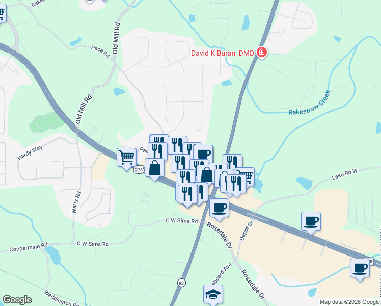 map of restaurants, bars, coffee shops, grocery stores, and more near 164 Hiram Terrace in Hiram