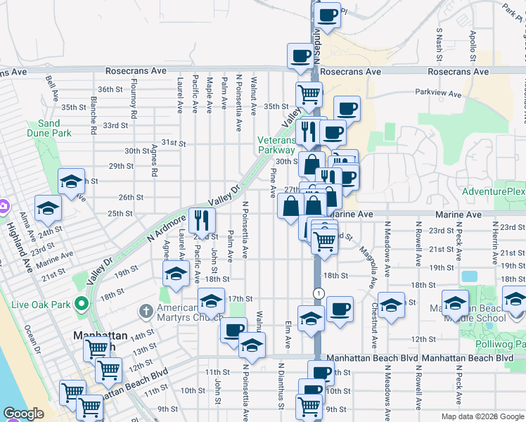 map of restaurants, bars, coffee shops, grocery stores, and more near 2316 Walnut Avenue in Manhattan Beach