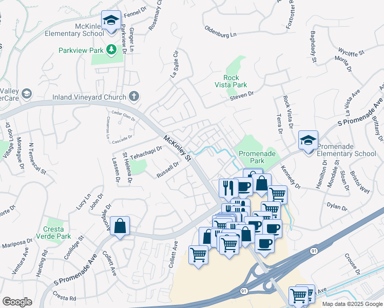 map of restaurants, bars, coffee shops, grocery stores, and more near 682 Azure Lane in Corona