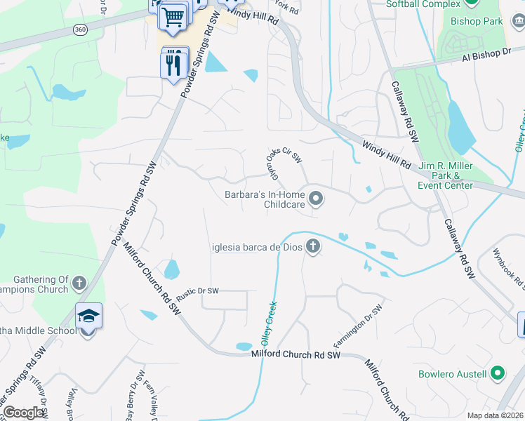 map of restaurants, bars, coffee shops, grocery stores, and more near 2407 Jack Creek Road Southwest in Marietta