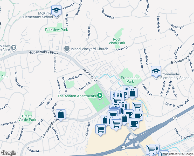 map of restaurants, bars, coffee shops, grocery stores, and more near 682 Azure Lane in Corona