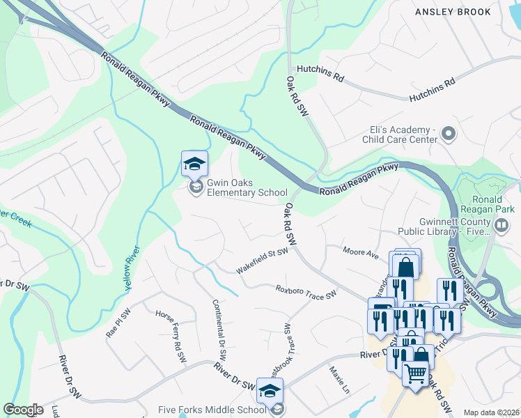 map of restaurants, bars, coffee shops, grocery stores, and more near 3092 Gwin Oaks Drive in Lawrenceville