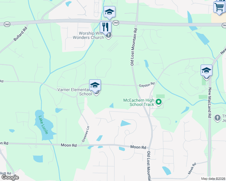 map of restaurants, bars, coffee shops, grocery stores, and more near 4691 Gaydon Road in Powder Springs