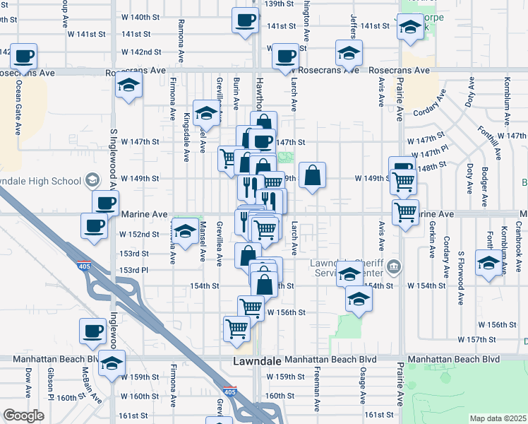 map of restaurants, bars, coffee shops, grocery stores, and more near 15126b Hawthorne Boulevard in Lawndale
