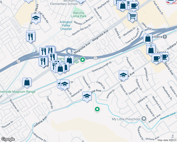 map of restaurants, bars, coffee shops, grocery stores, and more near 11657 Queensborough Street in Riverside
