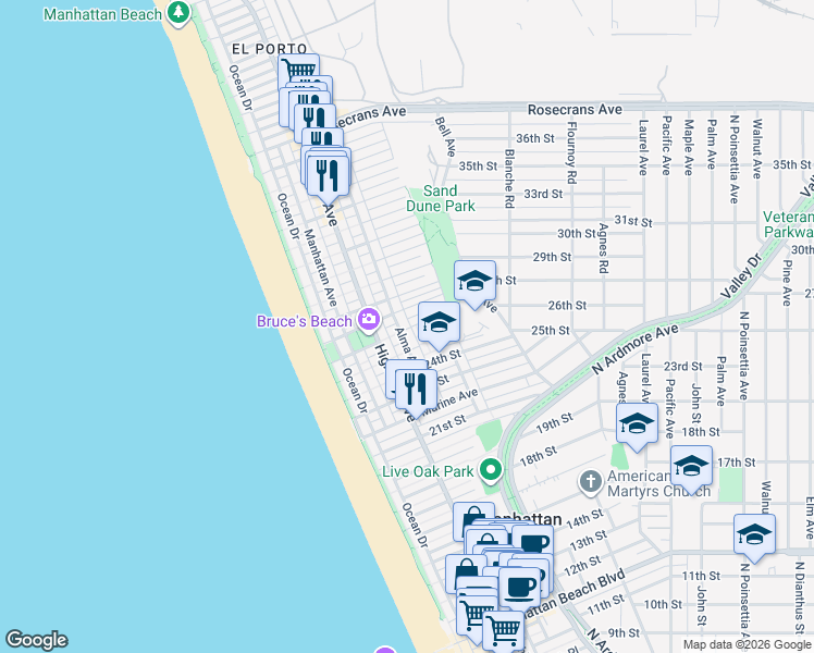 map of restaurants, bars, coffee shops, grocery stores, and more near 2417 Vista Drive in Manhattan Beach