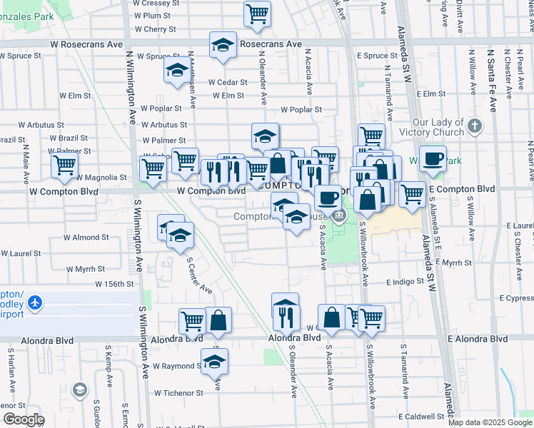 map of restaurants, bars, coffee shops, grocery stores, and more near 428 West Almond Street in Compton