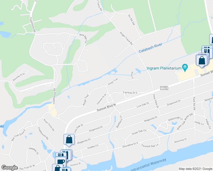 map of restaurants, bars, coffee shops, grocery stores, and more near 632 Kings Trail in Sunset Beach