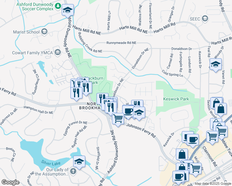 map of restaurants, bars, coffee shops, grocery stores, and more near 1538 Donaldson Park Drive in Atlanta