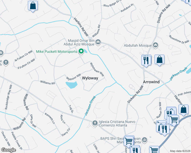 map of restaurants, bars, coffee shops, grocery stores, and more near 5444 Wylstream Way in Norcross