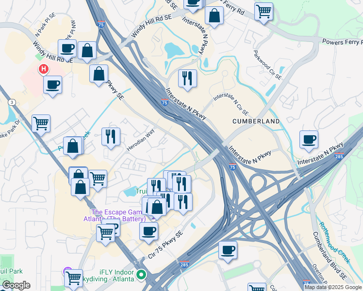map of restaurants, bars, coffee shops, grocery stores, and more near 2875 Circle 75 Parkway in Atlanta