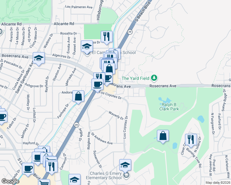 map of restaurants, bars, coffee shops, grocery stores, and more near 63 Candlewood Way in Buena Park