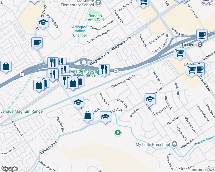 map of restaurants, bars, coffee shops, grocery stores, and more near 11657 Queensborough Street in Riverside