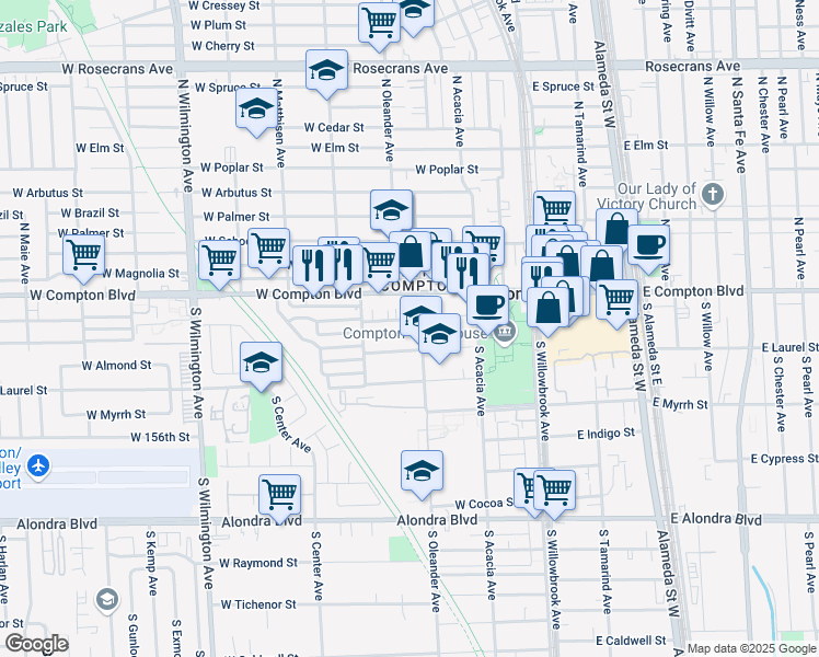 map of restaurants, bars, coffee shops, grocery stores, and more near 108 South Oleander Avenue in Compton