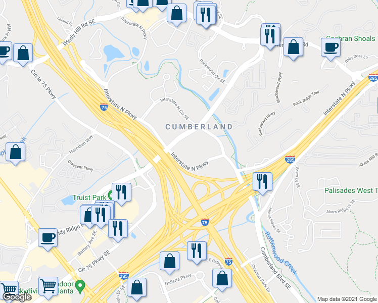 map of restaurants, bars, coffee shops, grocery stores, and more near 340 Interstate North Parkway in Atlanta