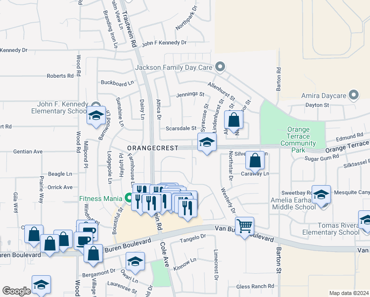 map of restaurants, bars, coffee shops, grocery stores, and more near 19661 Orange Terrace Parkway in Riverside