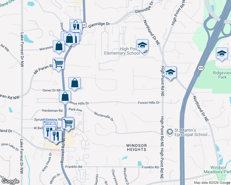 map of restaurants, bars, coffee shops, grocery stores, and more near 470 Elden Drive Northeast in Atlanta