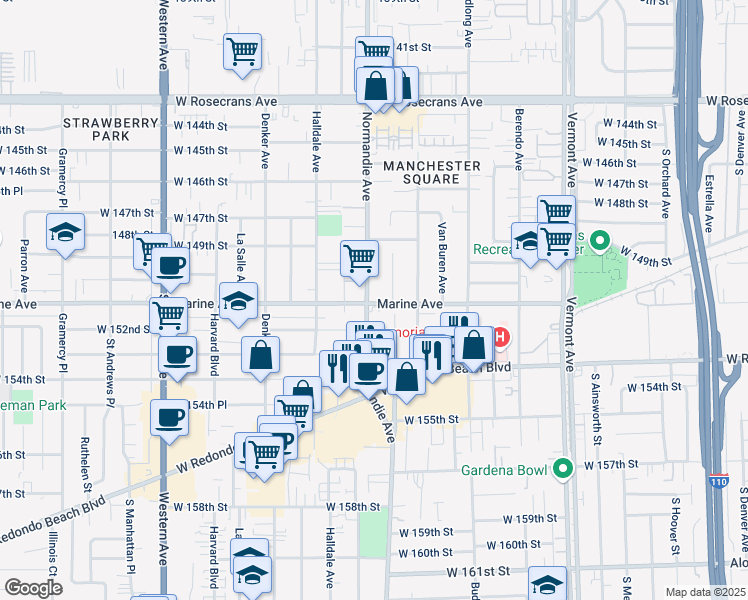 map of restaurants, bars, coffee shops, grocery stores, and more near 15005 Normandie Avenue in Gardena