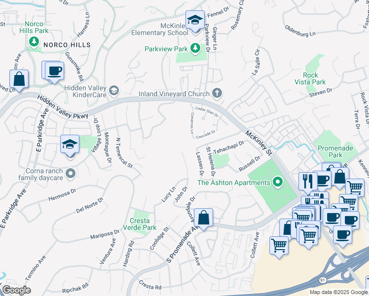 map of restaurants, bars, coffee shops, grocery stores, and more near 745 John Circle in Corona