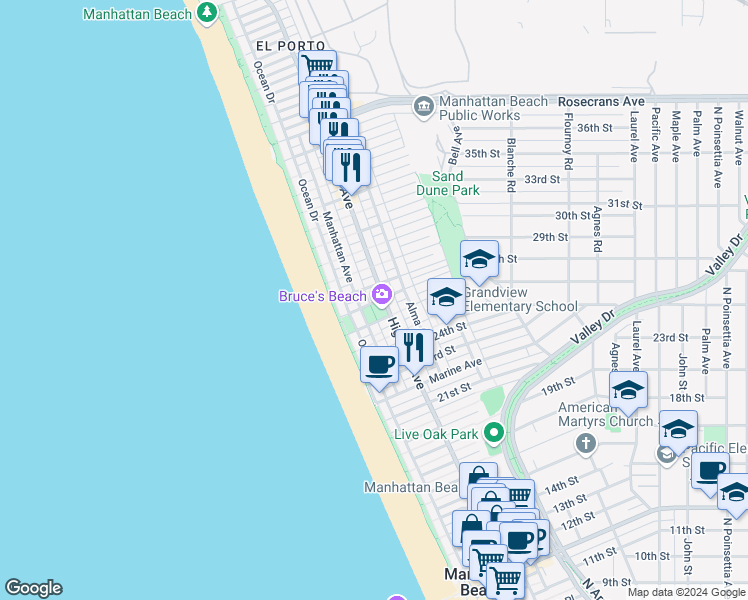 map of restaurants, bars, coffee shops, grocery stores, and more near 221 27th Street in Manhattan Beach