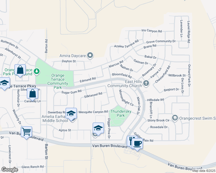 map of restaurants, bars, coffee shops, grocery stores, and more near 8701 Sandhill Drive in Riverside