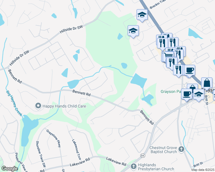 map of restaurants, bars, coffee shops, grocery stores, and more near 1580 Mount McKinley Drive in Grayson