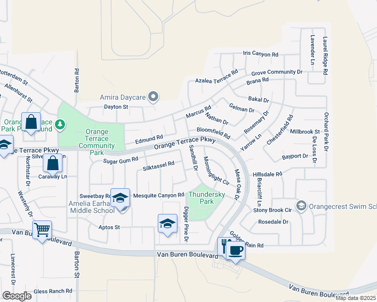 map of restaurants, bars, coffee shops, grocery stores, and more near 8701 Sandhill Drive in Riverside