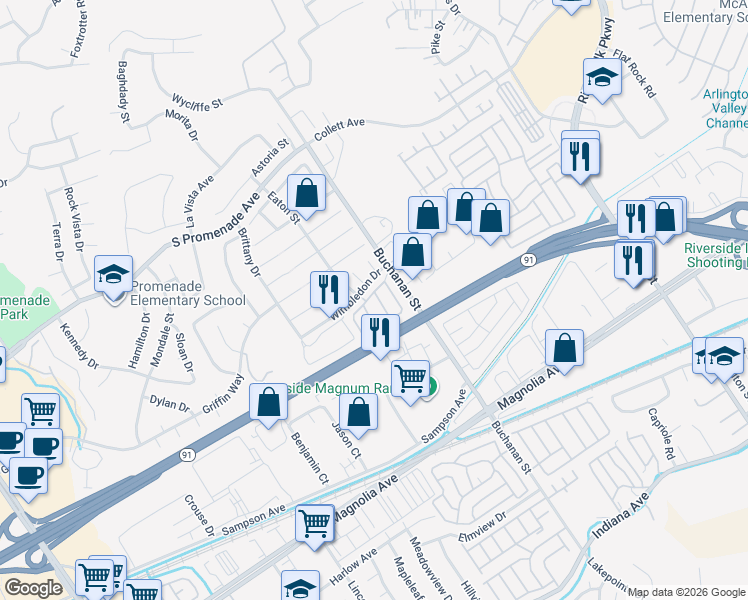 map of restaurants, bars, coffee shops, grocery stores, and more near 415 Scarborough Circle in Corona