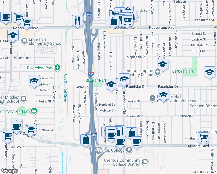 map of restaurants, bars, coffee shops, grocery stores, and more near 10911 Excelsior Drive in Norwalk