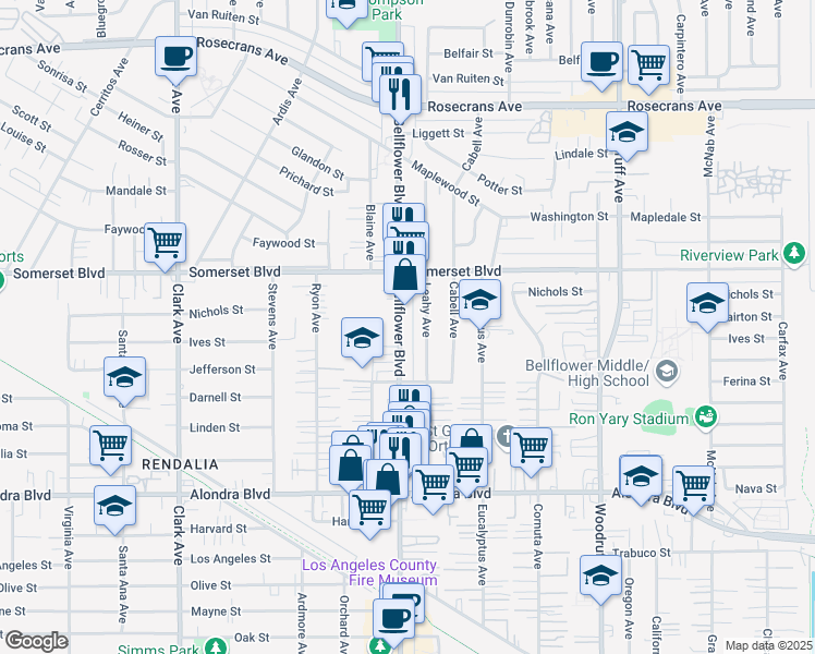 map of restaurants, bars, coffee shops, grocery stores, and more near 15138 Bellflower Boulevard in Bellflower