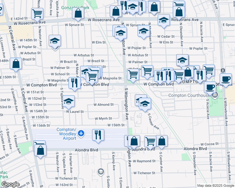 map of restaurants, bars, coffee shops, grocery stores, and more near 820 West Compton Boulevard in Compton