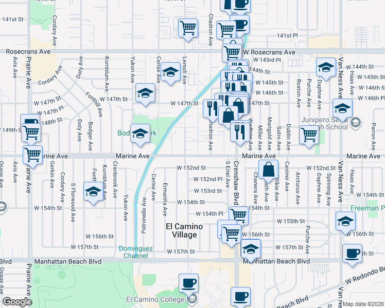 map of restaurants, bars, coffee shops, grocery stores, and more near 15004 Lemoli Avenue in Gardena
