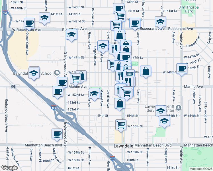 map of restaurants, bars, coffee shops, grocery stores, and more near 15000 Grevillea Avenue in Lawndale