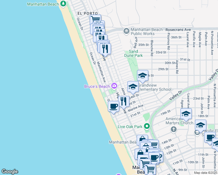 map of restaurants, bars, coffee shops, grocery stores, and more near 221 28th Place in Manhattan Beach