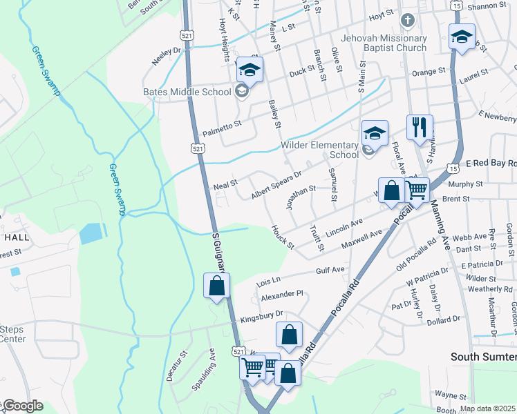map of restaurants, bars, coffee shops, grocery stores, and more near 79 Albert Spears Drive in Sumter