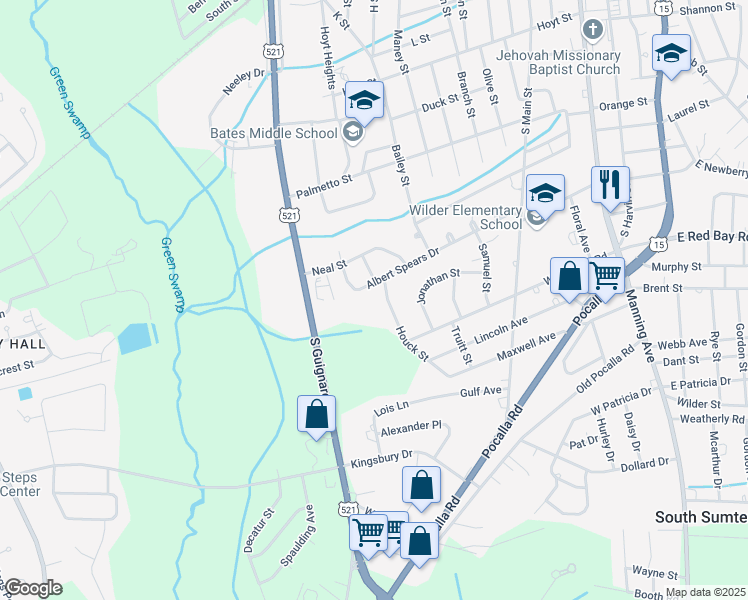 map of restaurants, bars, coffee shops, grocery stores, and more near 79 Albert Spears Drive in Sumter