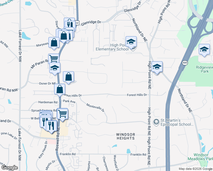 map of restaurants, bars, coffee shops, grocery stores, and more near 470 Elden Drive Northeast in Atlanta
