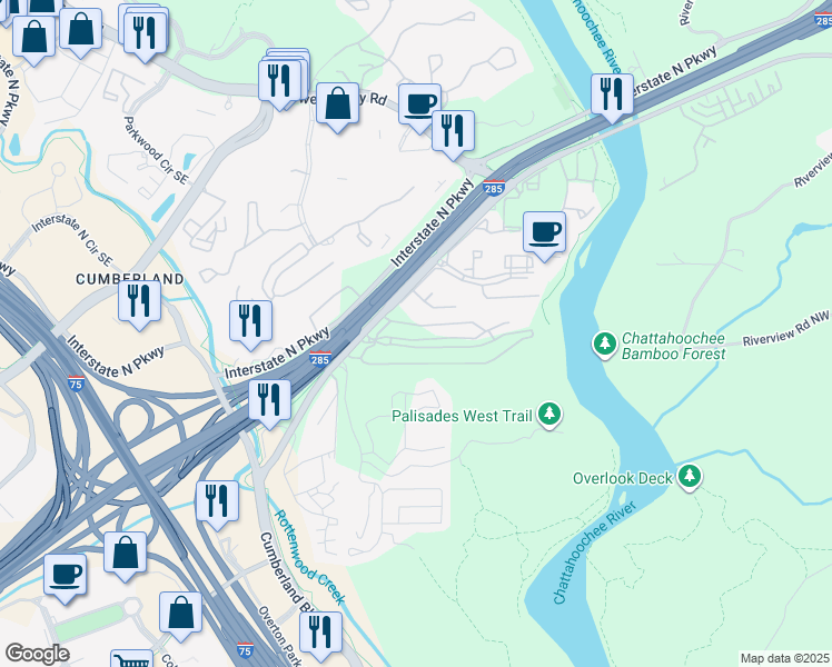 map of restaurants, bars, coffee shops, grocery stores, and more near 3732-4940 Akers Mill Rd in Atlanta