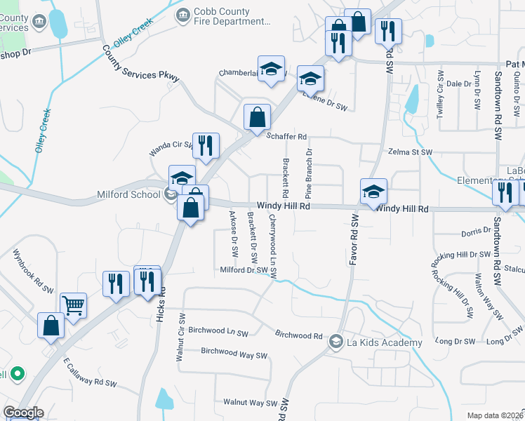 map of restaurants, bars, coffee shops, grocery stores, and more near 2381 Beverly Lane in Marietta