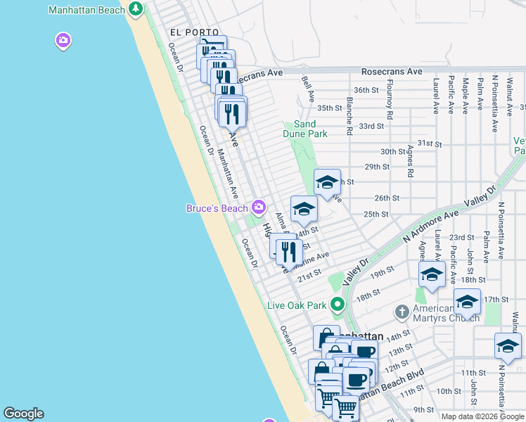 map of restaurants, bars, coffee shops, grocery stores, and more near 304 27th Street in Manhattan Beach