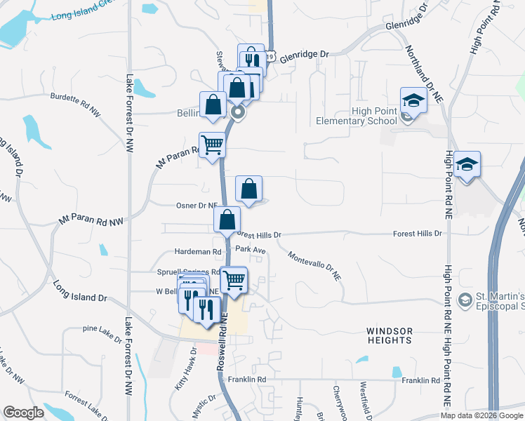 map of restaurants, bars, coffee shops, grocery stores, and more near 5157 Roswell Road in Sandy Springs