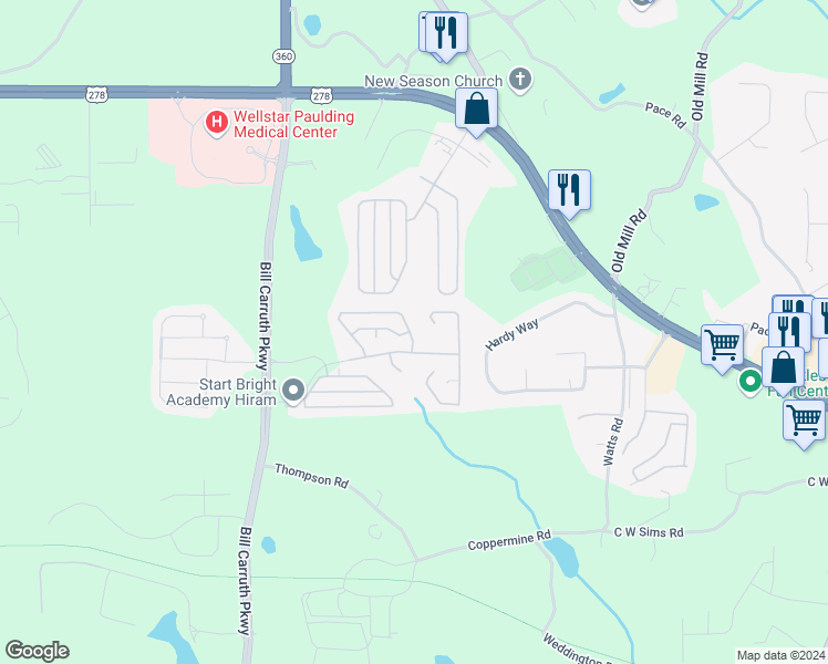 map of restaurants, bars, coffee shops, grocery stores, and more near 309 Greystone Circle in Hiram