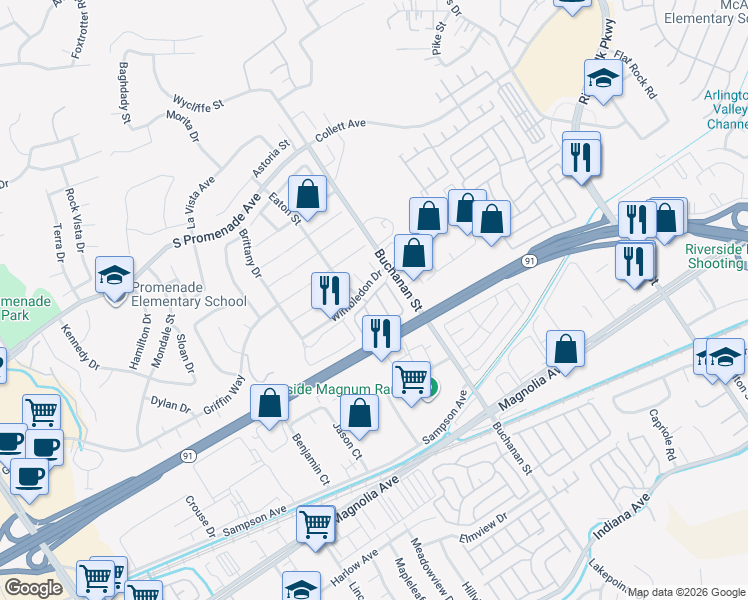 map of restaurants, bars, coffee shops, grocery stores, and more near 415 Scarborough Circle in Corona